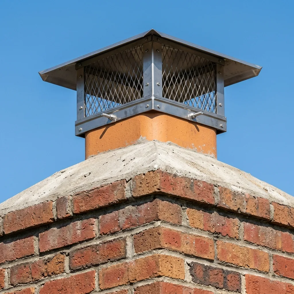 Poured concrete chimney crown with clamped stainless steel spark arrestor cap