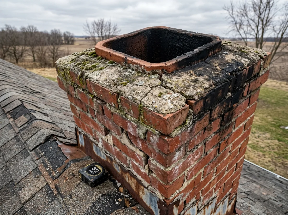 Damaged chimney crown with cracked concrete, soot buildup, and missing rain cap