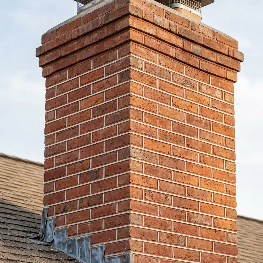 Fresh tuckpointed brick chimney with clean roof step flashing