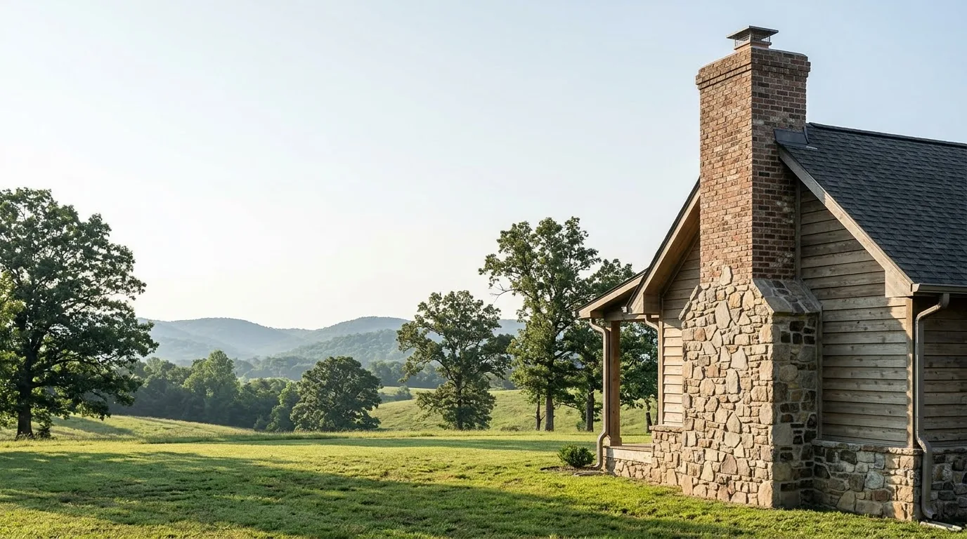 Rural Missouri countryside home with stone and brick fireplace chimney